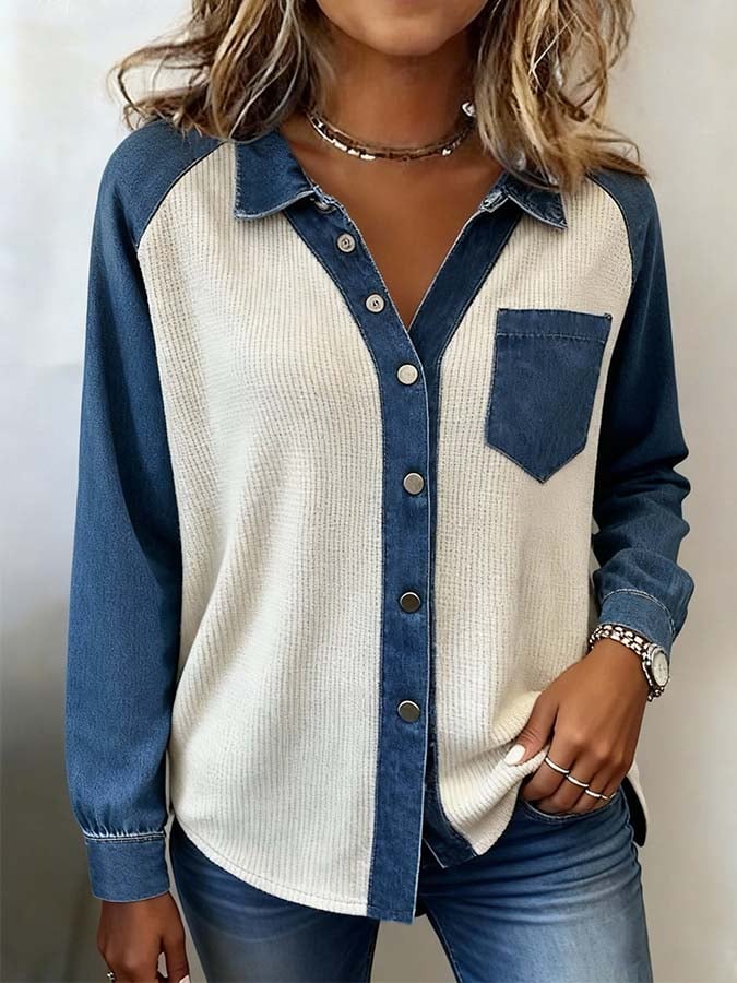 Women'S Casual Lapel Contrast Color Stitching Shirt