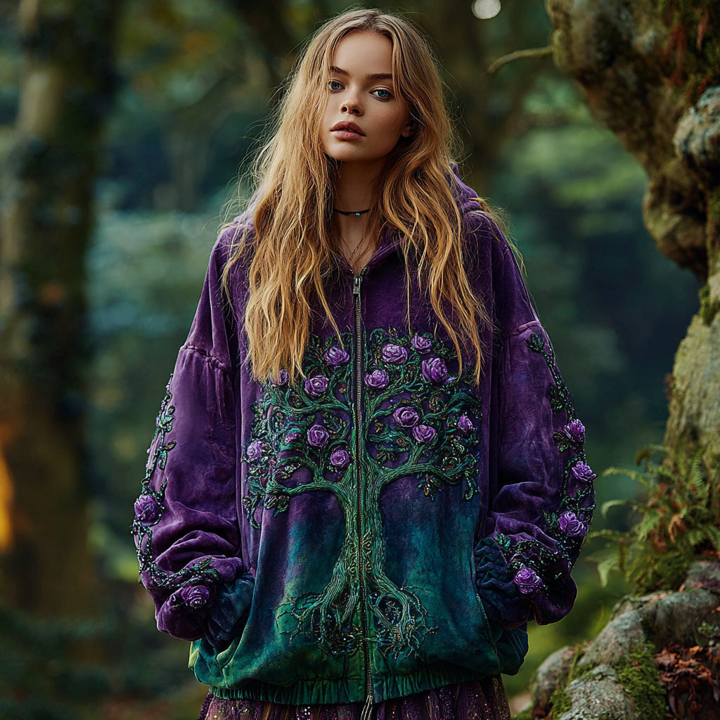 Women's Tree Of Life Floral Gradient Art Comfort Warm Zip Hoodie elevenforest
