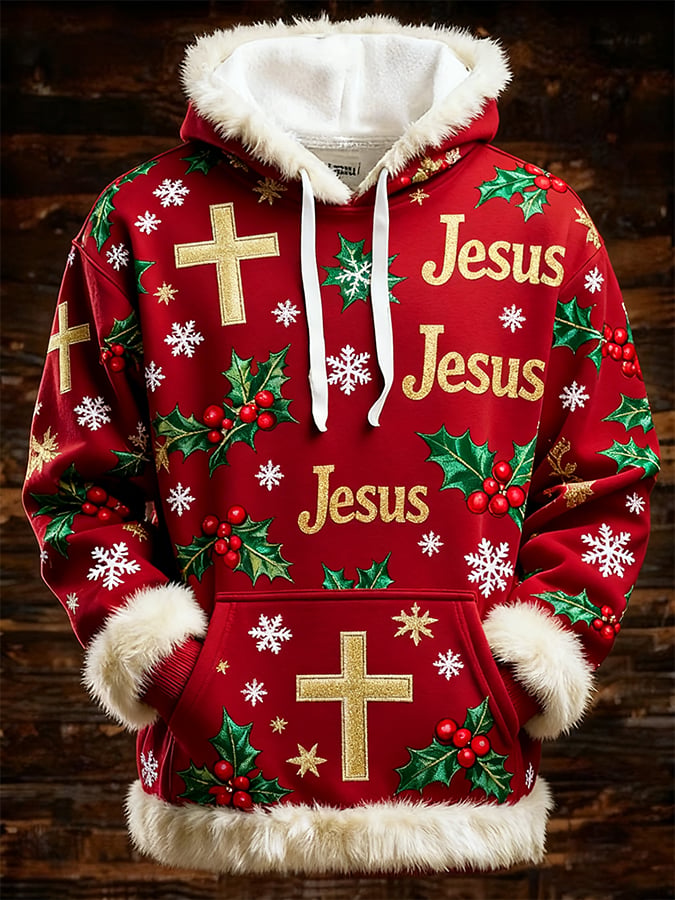 Men's Casual Faith Print Patchwork Fur Collar Hooded Sweatshirt