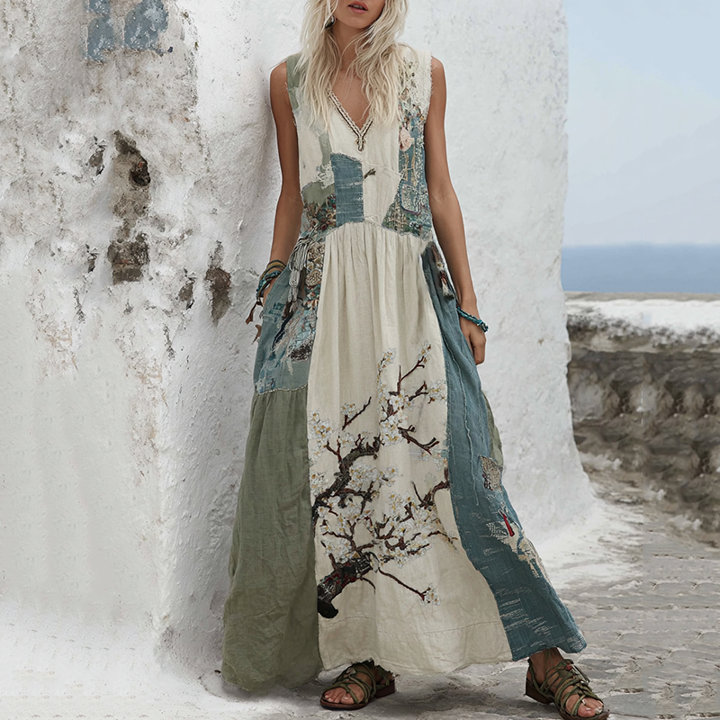 Vintage Cherry Blossoms Splicing Art Linen V Neck Long Dress elevenforest