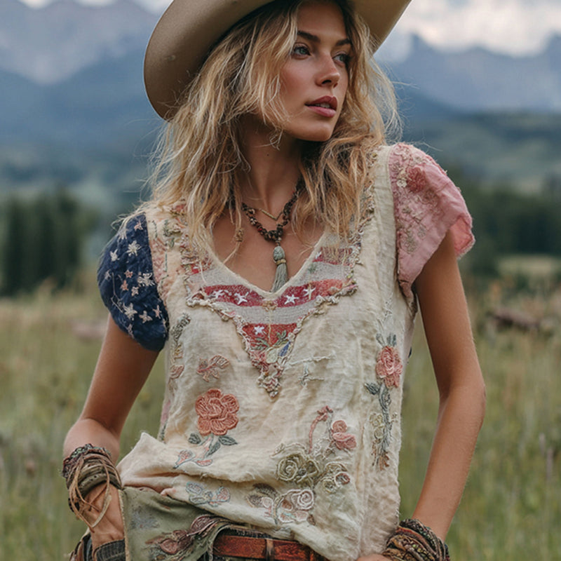 Western Cowboy Style American Flag Floral Patchwork Vintage Linen V Neck T Shirt In The Countryside elevenforest