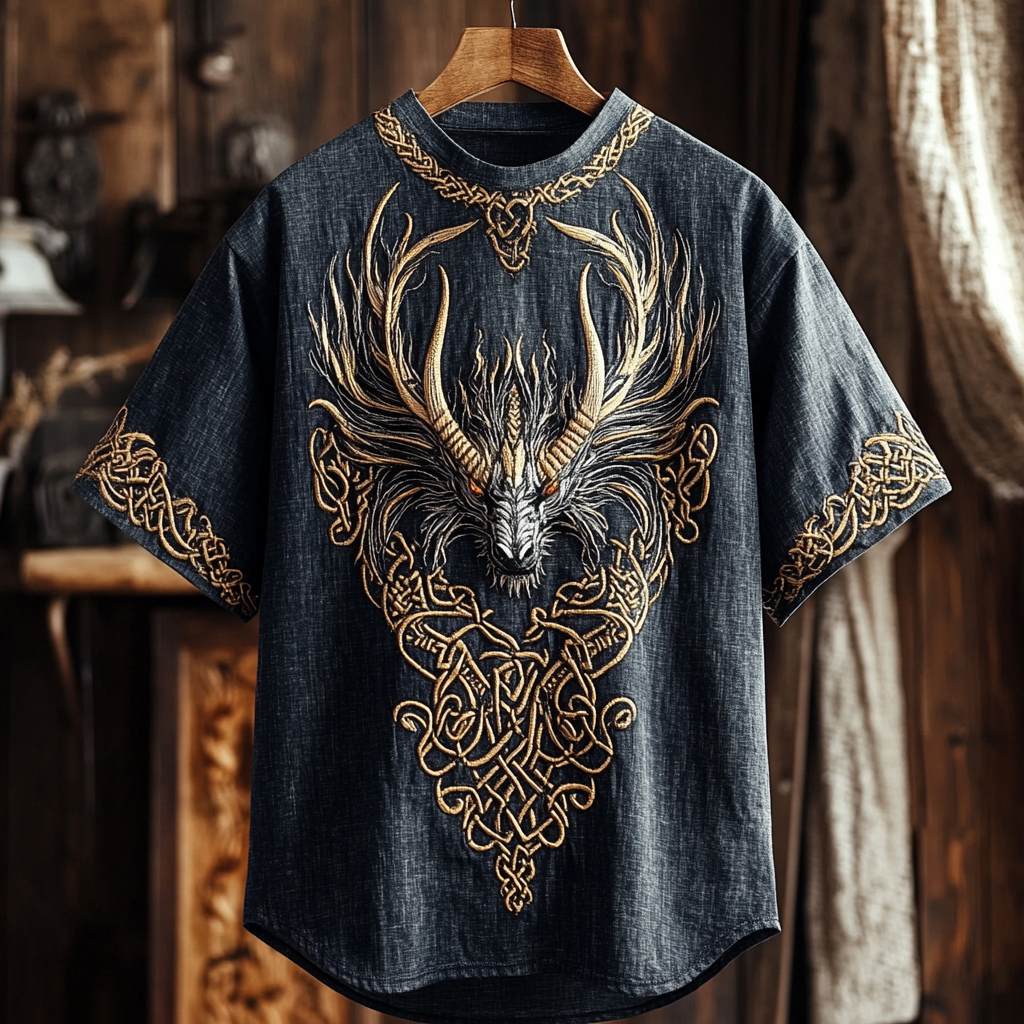 Men's Viking Celtic Dragon Art Cozy Linen T-shirt elevenforest