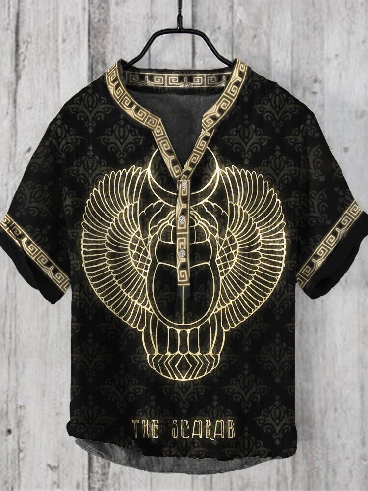 Vintage Egyptian Scarab Print Men's Casual V-neck Shirt elevenforest