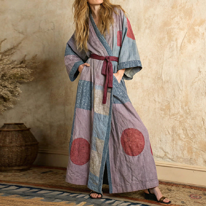 Women's Japanese Art Linen V-neck Robe elevenforest