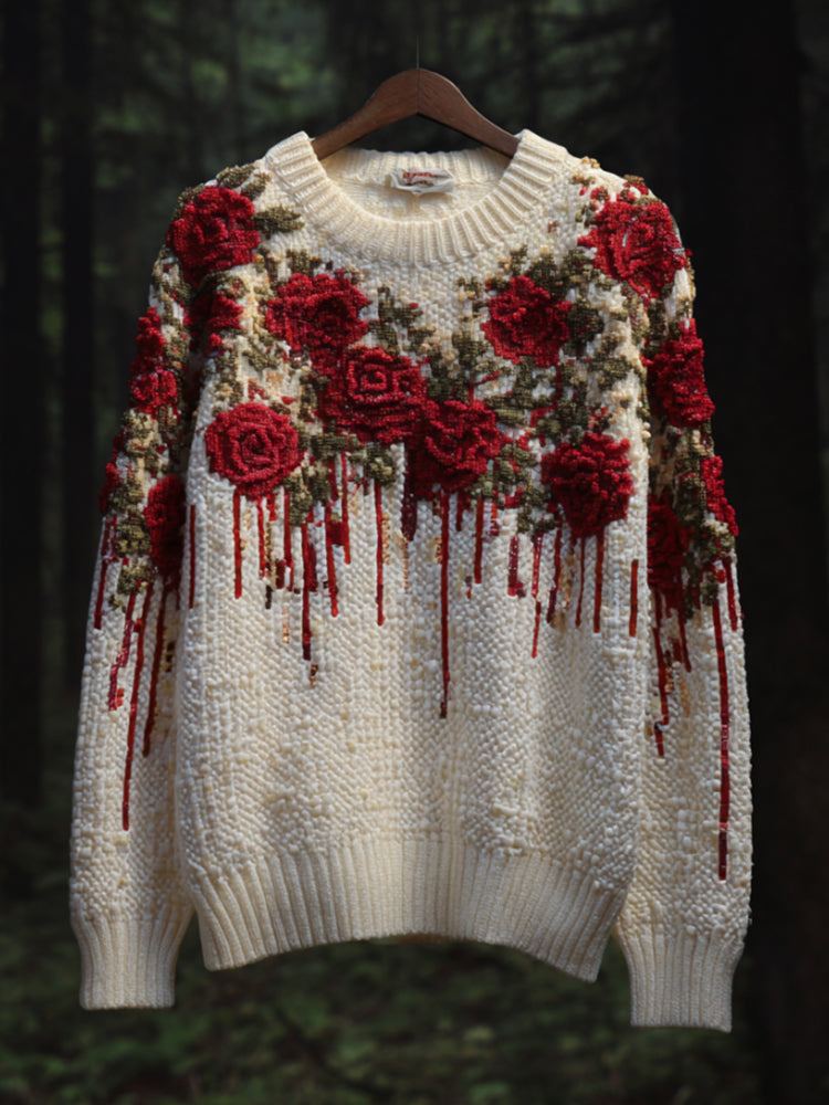 Women's Halloween Blood Stained Roses Make Old Round Neck Sweaters elevenforest