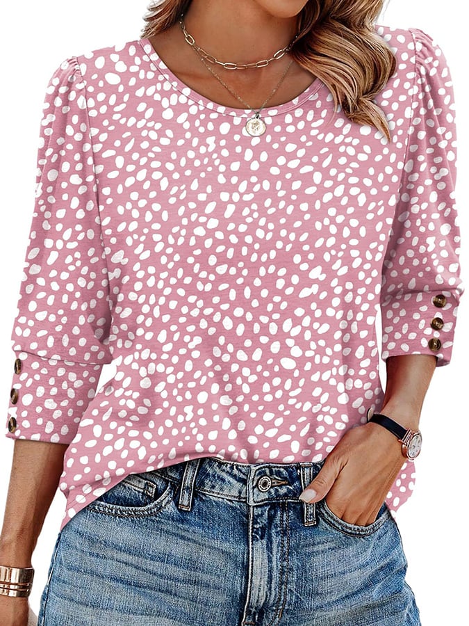 Women's casual three-quarter sleeve buttoned round neck T-shirt