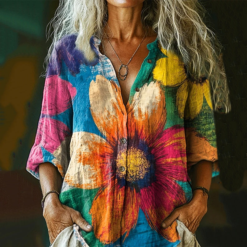 Women's Colorful Tie-dye Sunflower Art Casual Linen Shirt elevenforest