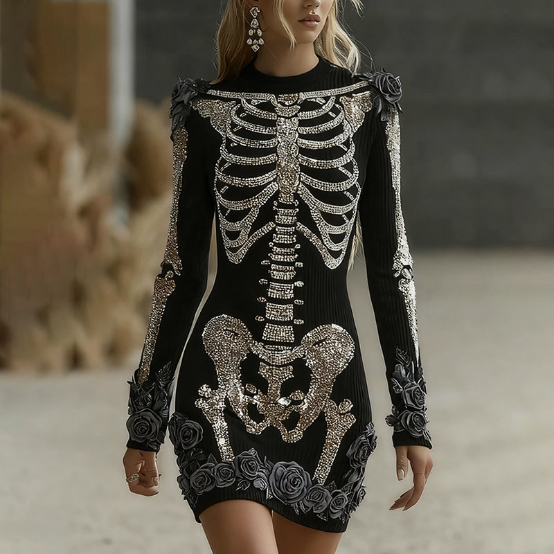 Women's Halloween Skeleton Bones With Glitter And Rose Art Cozy Knit Mini Sweater Dress elevenforest