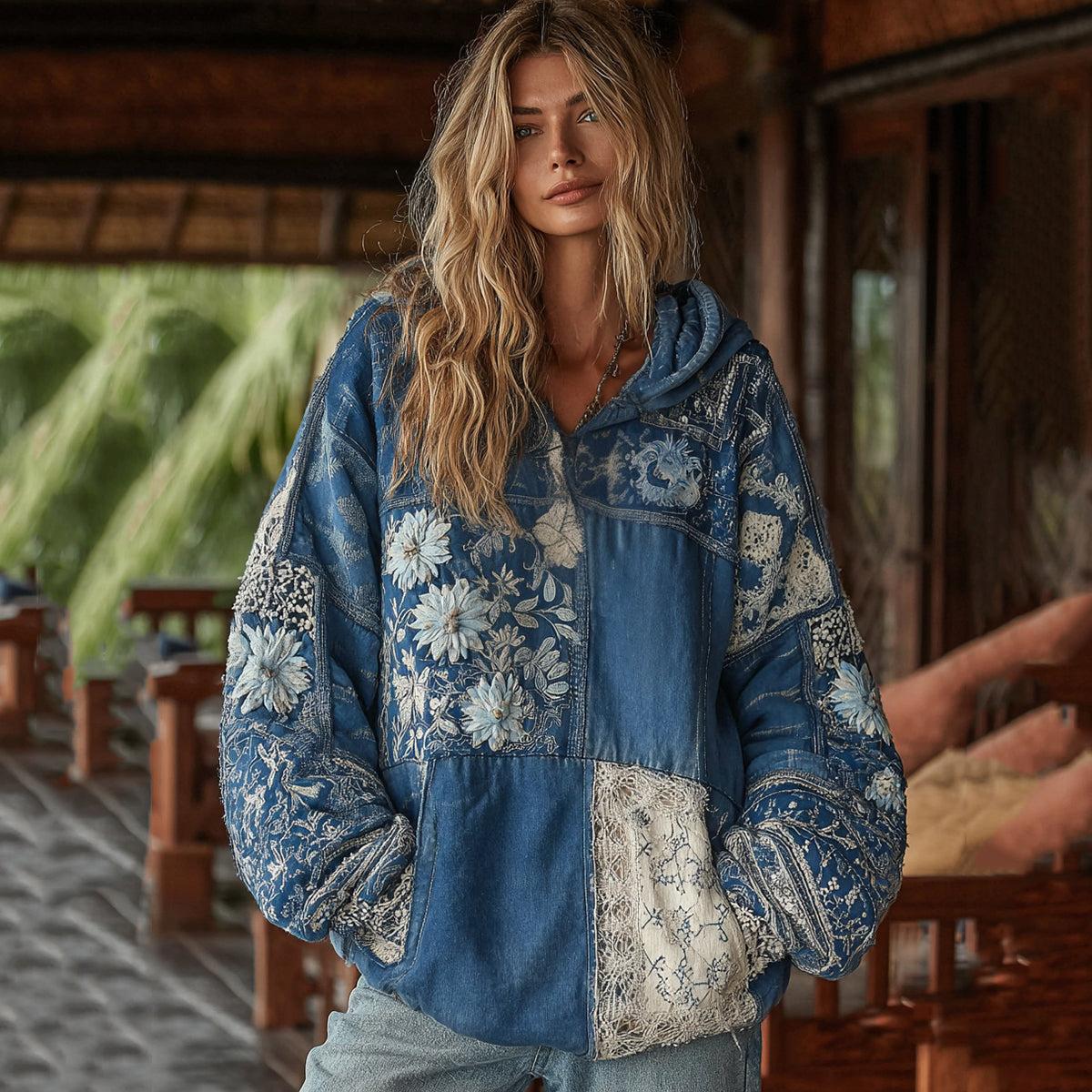 Vintage Bohemian Floral With Japanese Traditional Sashiko Patchwork Art Embroidery Inspired Washed Hoodie elevenforest