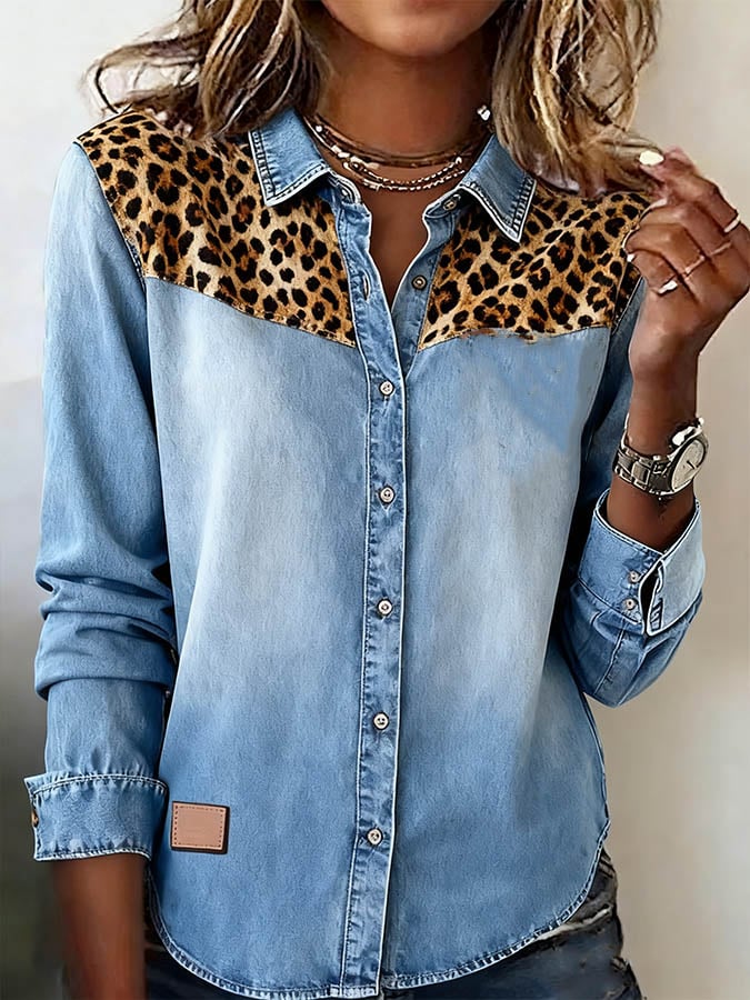 Women'S Solid Washed Denim Leopard Print Shirt