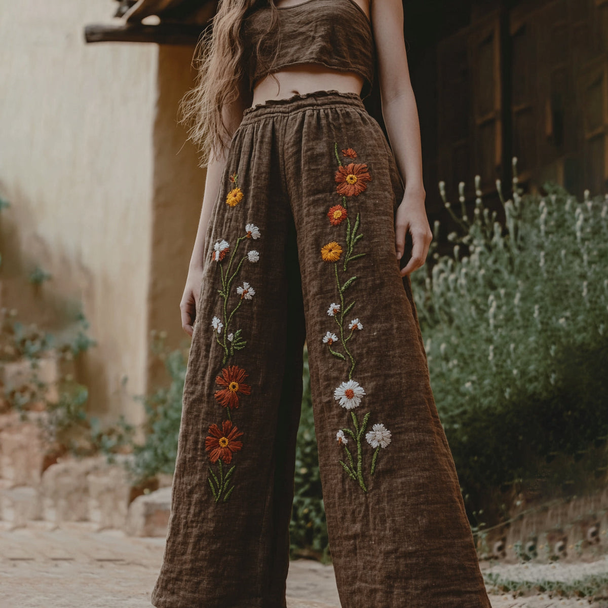 Women's Retro Linen Floral Boho Loose Wide-leg Trouser Pants elevenforest