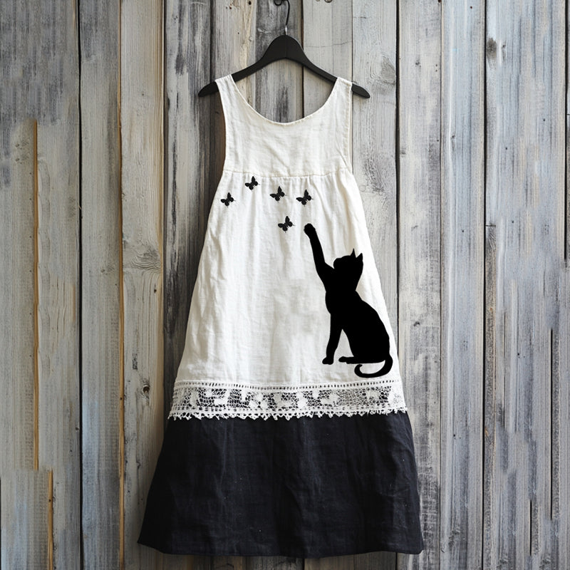 Vintage Abstract Creative Cute Black Cat Play With Butterfly Art Linen Tank Dress elevenforest