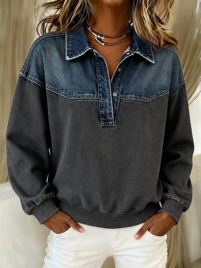 Women'S Casual Lapel Stitching Pullover Sweatshirt