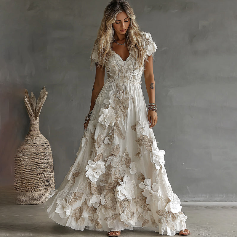 Women's Vintage Boho Floral Art Short-sleeved Maxi Dress