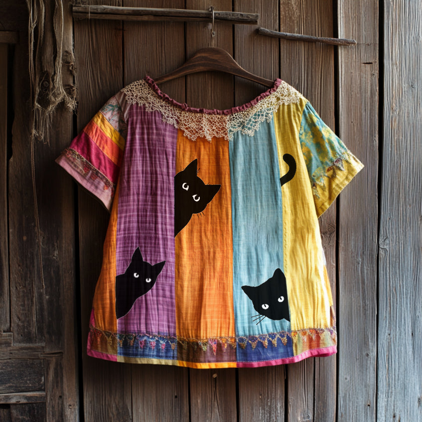 Vintage Abstract Creative Black Cat Peeking With Floral Patchwork Art Cotton Linen Comfy Shirt elevenforest