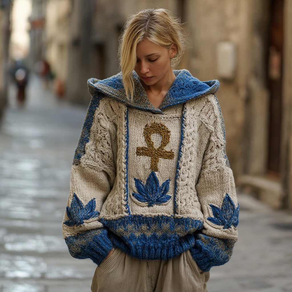 Comstylish Women's Ancient Egyptian Ankh And Lotus Knitted Hooded Sweater