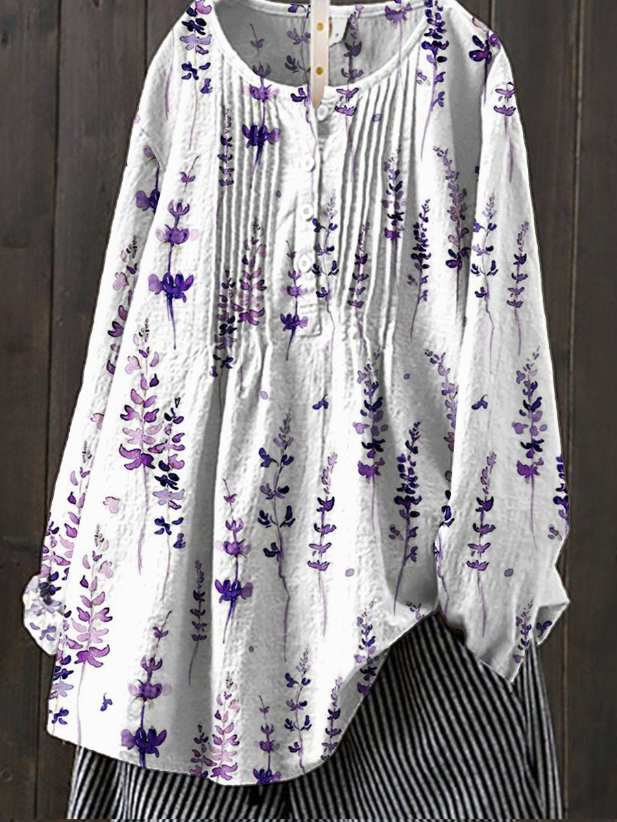 Women's Flower Art Print Casual Cotton And Linen Shirt