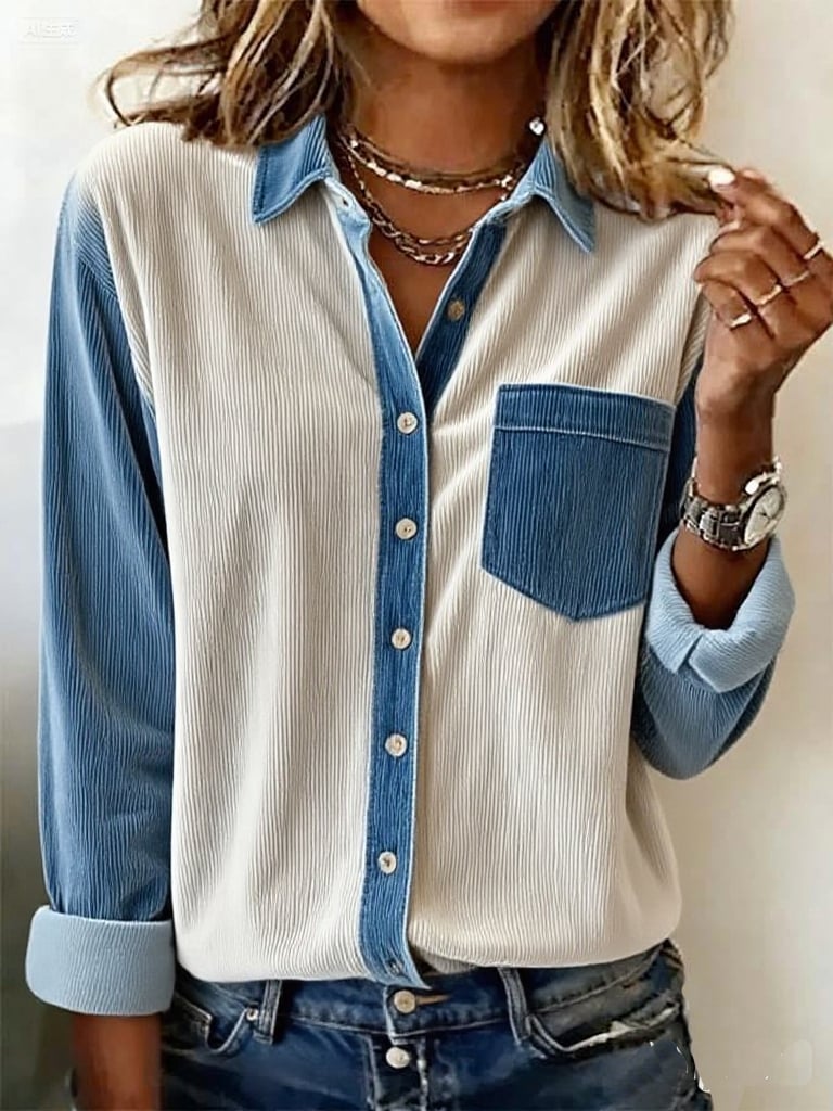 Women's Casual Loose Corduroy Color-Blocked Long-Sleeve Shirt