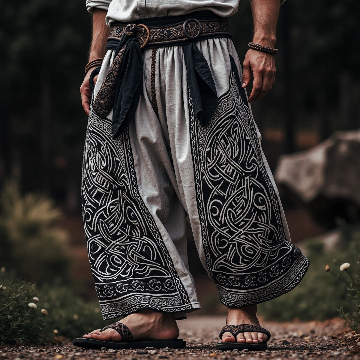 Retro Viking Celtic Embroidery Art Linen Long Loose Wide-leg Pants elevenforest