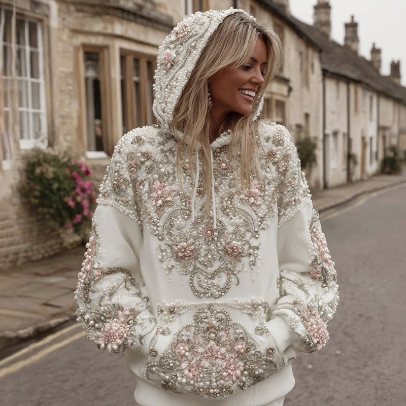 Women's Vintage Pink Flower Embroidery Art Long Sleeve Casual Hoodie elevenforest