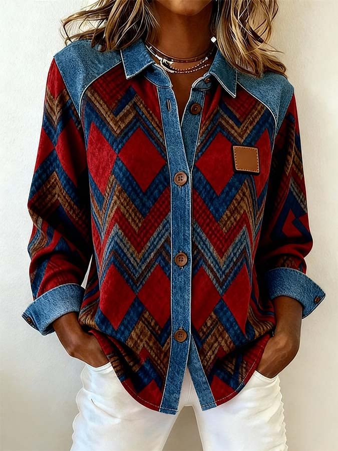 Women'S Casual Lapel Contrast Color Stitching Shirt