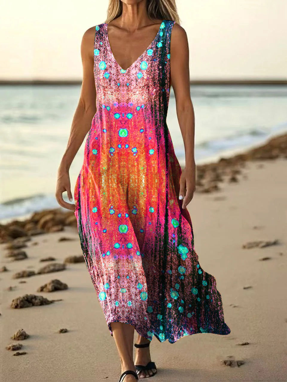 Women's Retro Ethnic Bohemian Pattern Art Print Pocket Cotton Dress