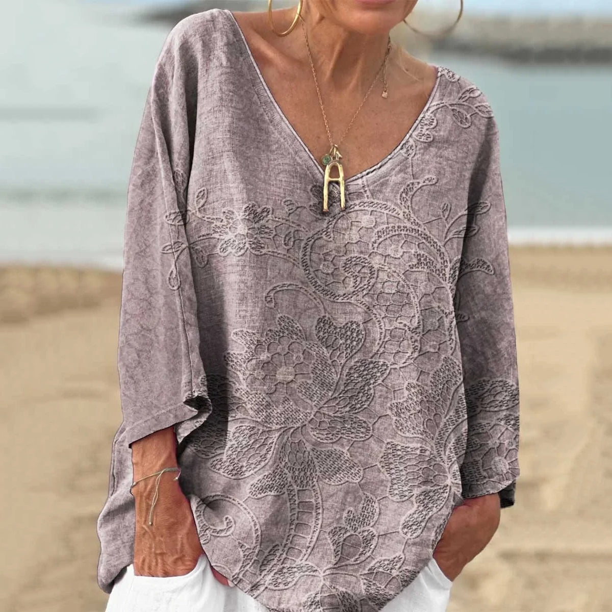 Vintage Floral V-neck Loose Linen Blend T-shirt elevenforest
