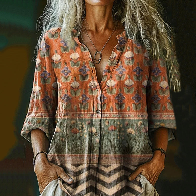 Women's Vintage Floral Collage Art Pattern Print Casual Cotton And Linen Shirt elevenforest
