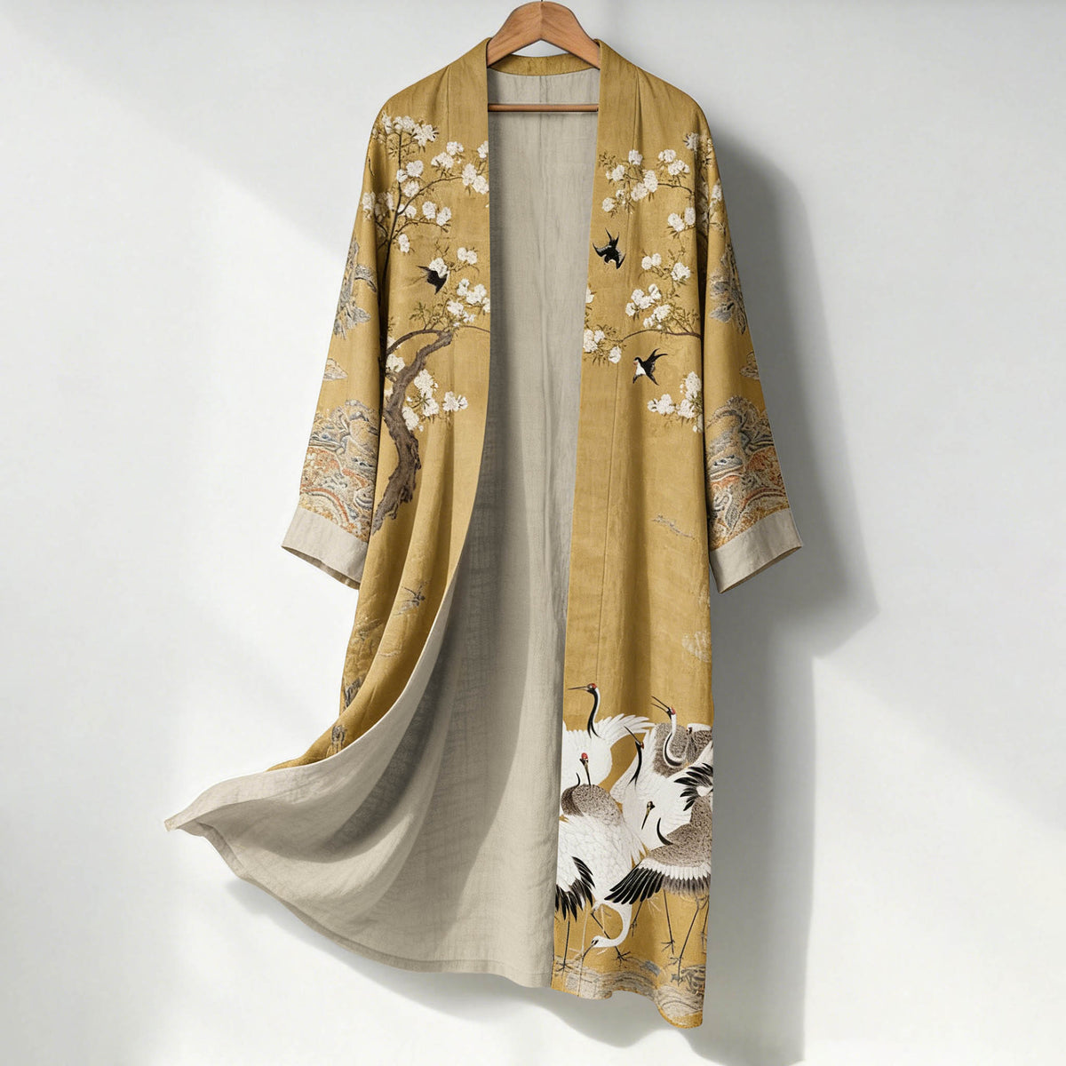 Women's Japanese Floral And Crane Art Pattern Linen Long Kimono elevenforest