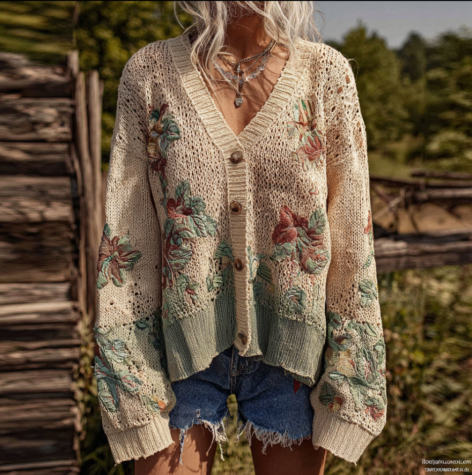 Bohemian Style Plant Flower Pattern Embroidery Women's Knitted Sweater Coat elevenforest
