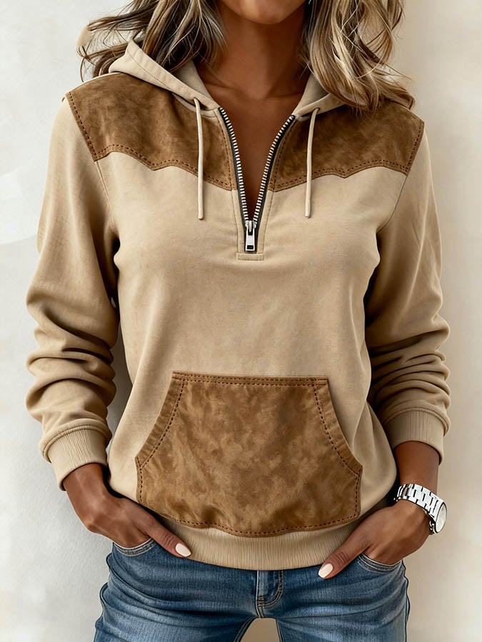 Women's Casual Loose Patchwork Hooded Sweatshirt