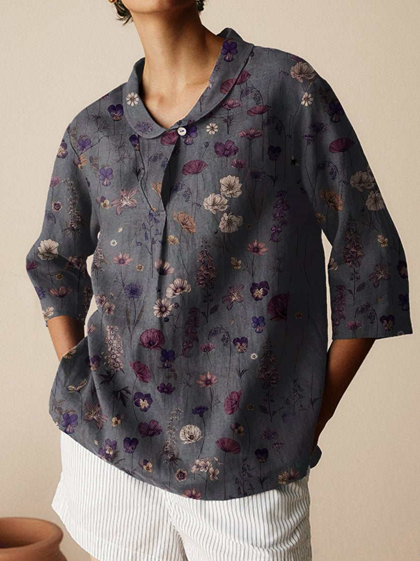 Women's Floral Art Print Casual Linen Cotton 3/4 Sleeve Shirt
