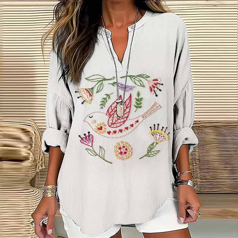 Comstylish Women's Floral And Bird Art Print Cotton And Linen V-neck Shirt