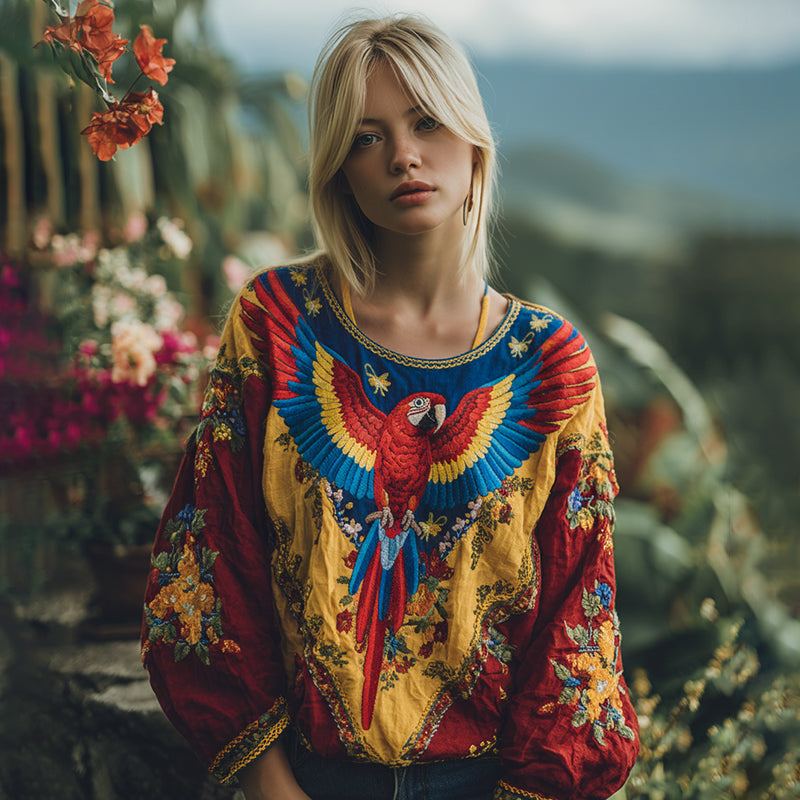 Women's Venezuela Parrot Floral Art Long Sleeve Tunic elevenforest