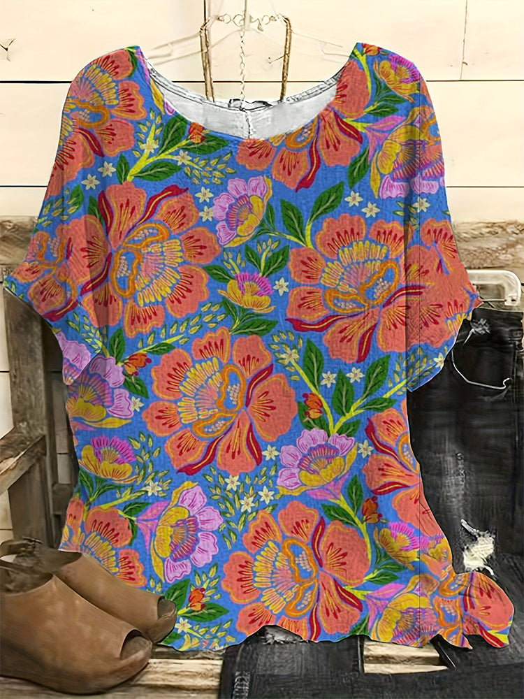 Vintage Floral Print Casual Linen Blend Shirt