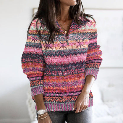 Vintage Ethnic Wavy Jacquard Contrast Print Stand Collar Zipper Sweater elevenforest