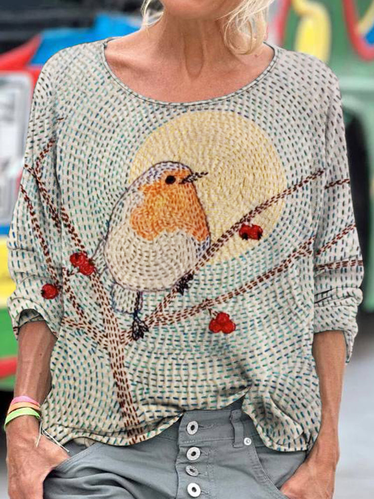 Comstylish Vintage Bird And Flower Thread Embroidery Women's Loose Shirt