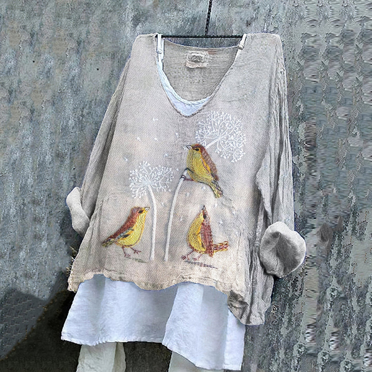 Women's Dandelions And Birds Art  Loose V-neck Shirt elevenforest