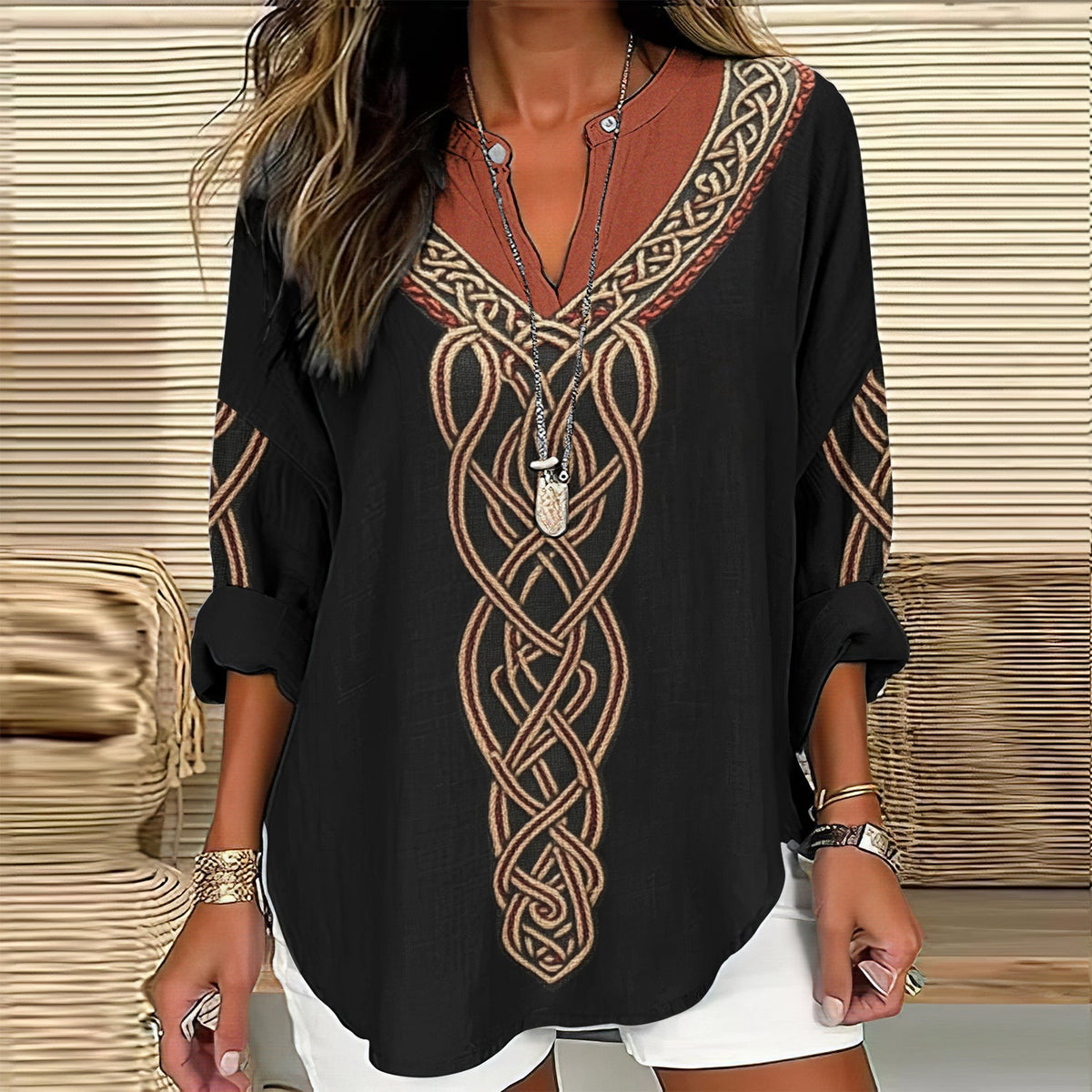 Women's Viking Celtic Knot Art  Linen Print Casual Shirt elevenforest