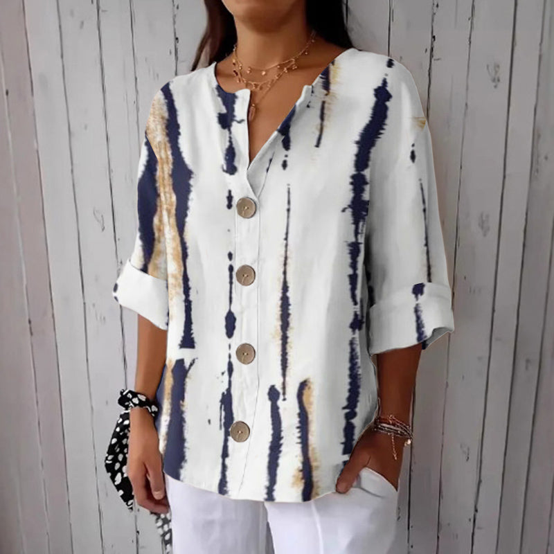 Women's Stripe Art Print Button Linen Blend Shirt elevenforest