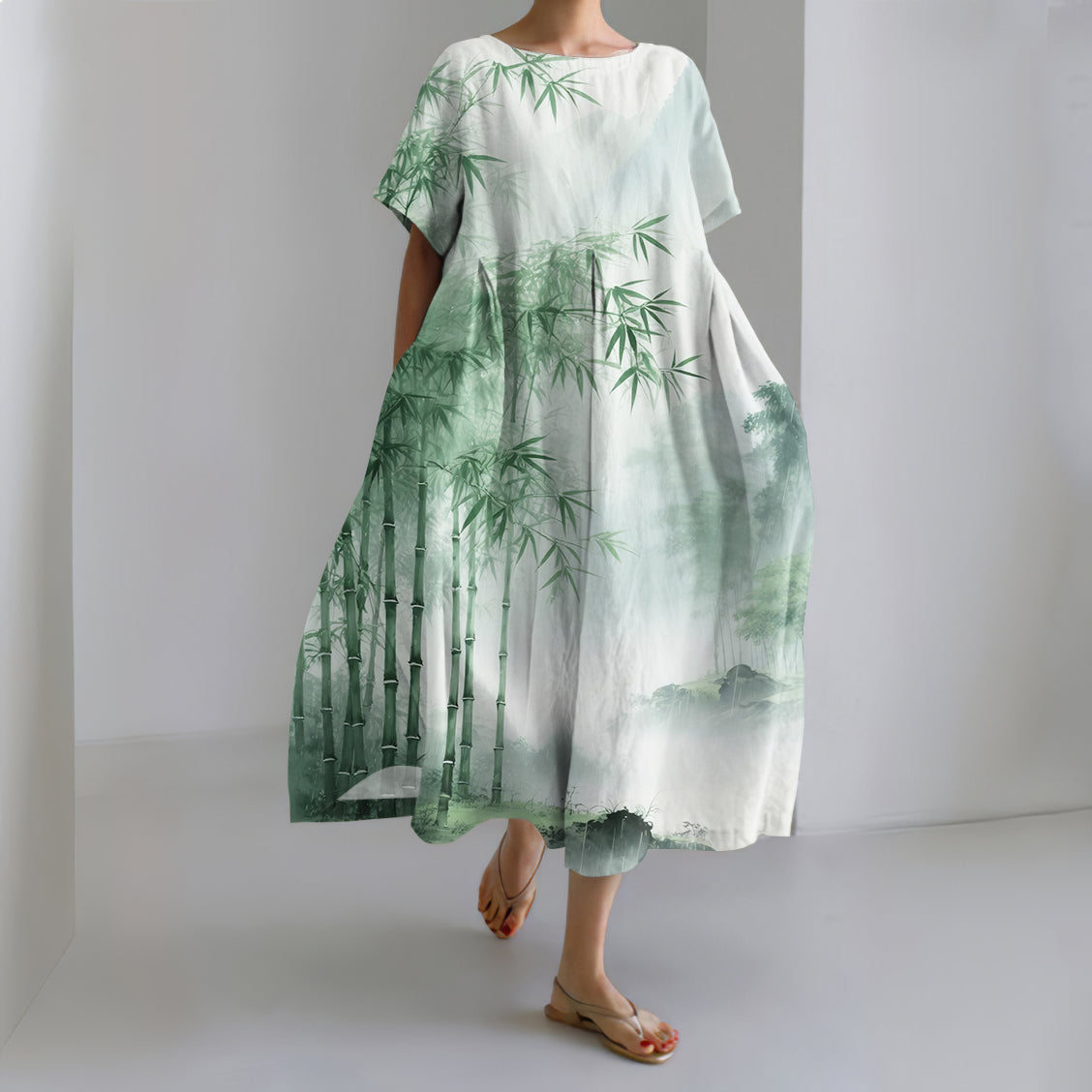 Women's Japanese Art Bamboo Painting Print Midi Dress elevenforest
