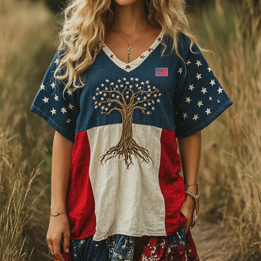 Comstylish American Flag With Tree Of Life Independence Day Embroidery Women's Linen V-neck T-shirt
