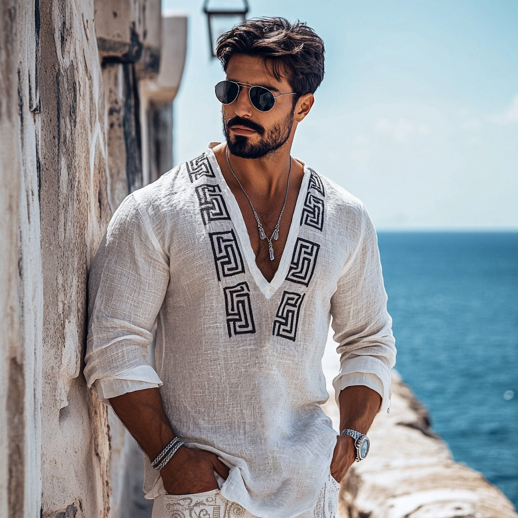 Men's Leisure Greek Key Graphics Linen V-neck Shirt elevenforest