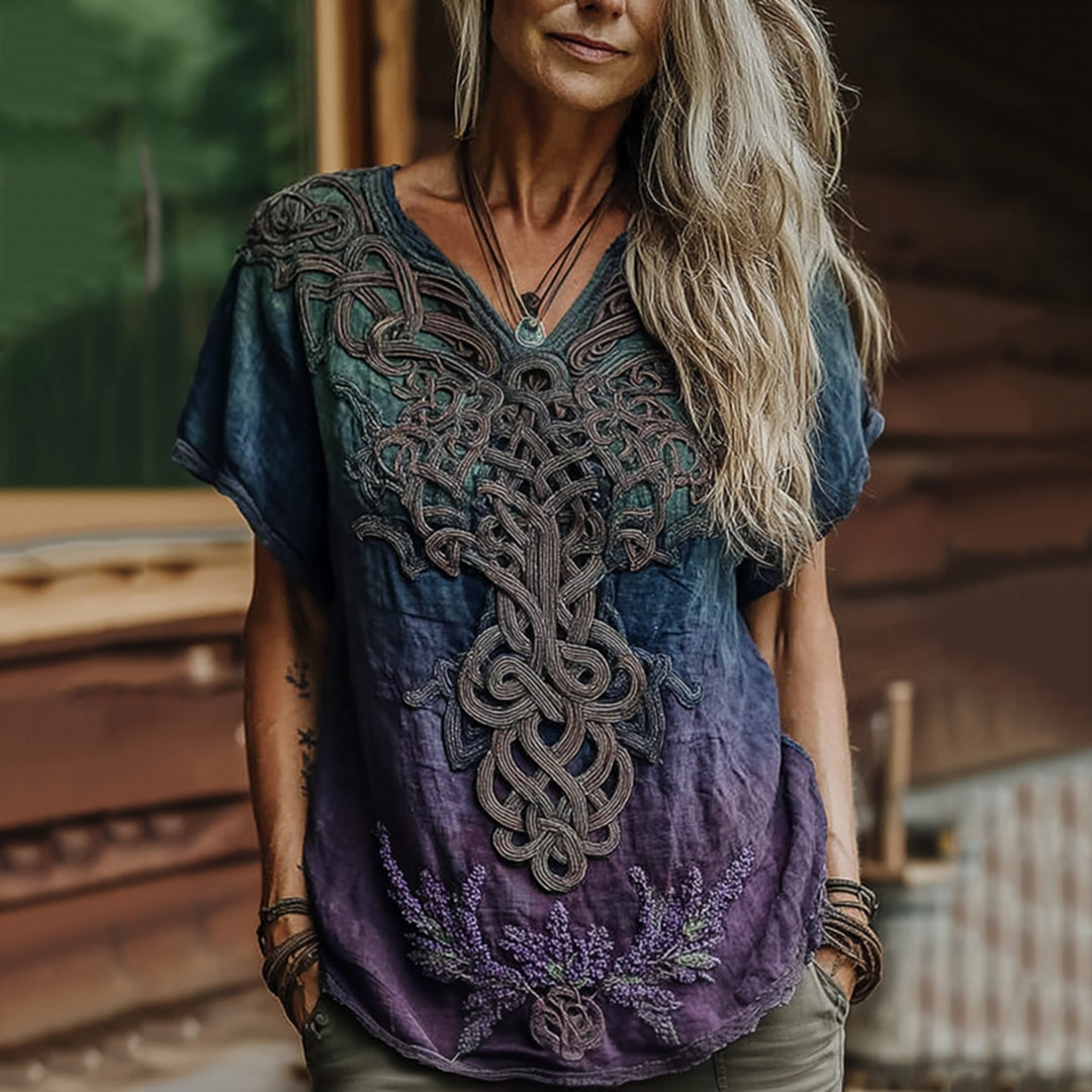 Vintage Viking Celtic Knot Gradient Art Women's Linen V Neck T-shirt elevenforest