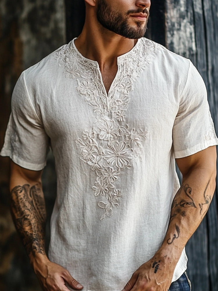 Men's Floral Lace Embroidered Linen Cozy Shirt elevenforest