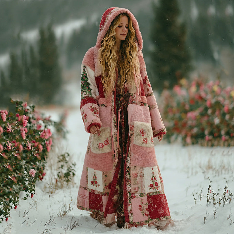 Women's Patchwork Floral Christmas Tree Print Plush Hooded Coat elevenforest
