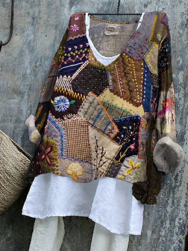 Geometric Stitching Pattern Vintage Women's Linen Shirt elevenforest