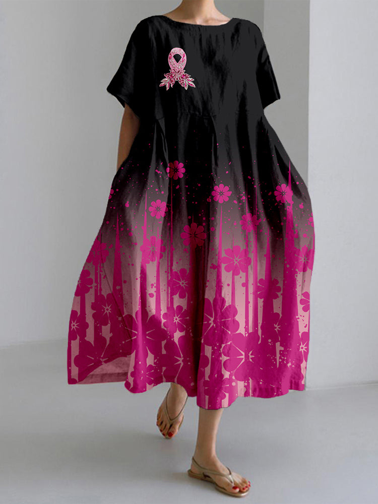 Glitter Pink Ribbon Embroidered Gradient Linen Maxi Dress