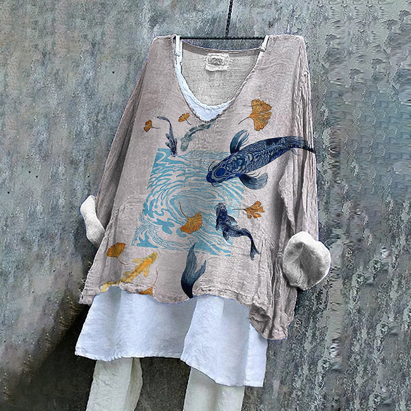 Marine Life Art Linen V-neck Shirt elevenforest