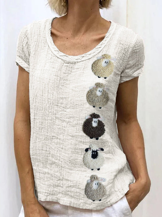 Comstylish Colorful Sheep Embroidered Linen Shirt